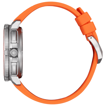 Imagem de perfil lateral do produto Citizen Promaster Wave Tracker JV3000-13E mostrando a caixa de aço inoxidável, o bezel giratório texturizado, os botões e a pulseira de borracha laranja.