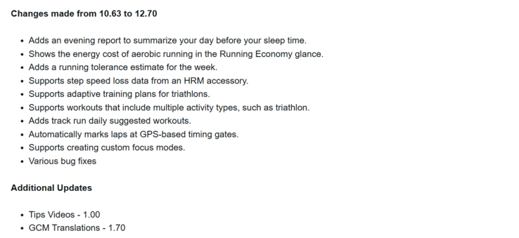 O registro de alterações da versão 12.70 do software para o smartwatch Garmin Venu X1. (Fonte da imagem: Garmin)