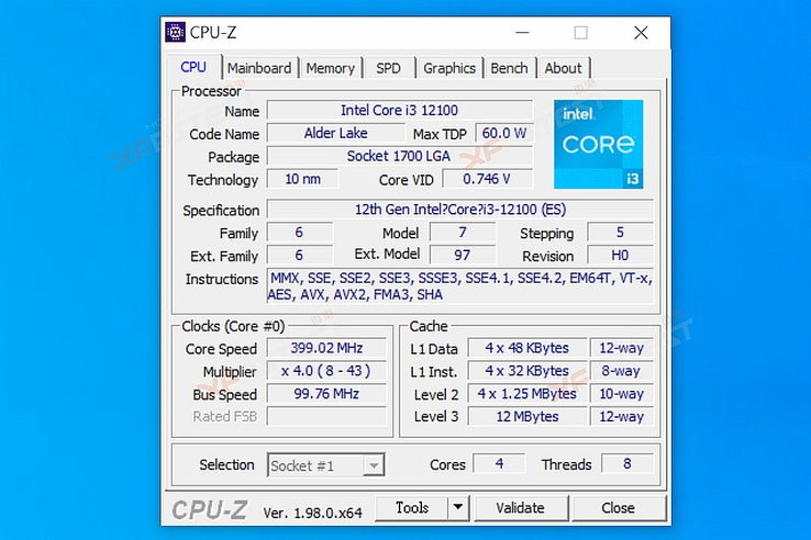Informações da Intel Alder Lake-S Core i3-12100 CPU-Z. (Fonte de imagem: XFastest)