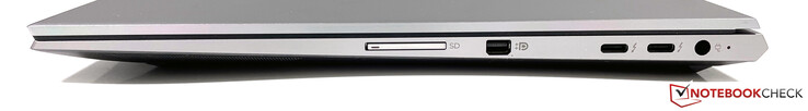 Lado direito: Leitor SD, Mini-DisplayPort, 2x USB-C c/ Thunderbolt 3 (3.2 Gen.2, DisplayPort), alimentação