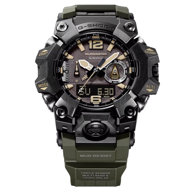 Close-up do mostrador do G-Shock Mudmaster GWG-B1000-1A3, exibindo marcadores de horas na cor bege, ponteiros luminosos, um visor digital e marcações de bússola.