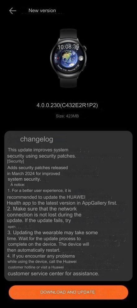 O registro de alterações do patch de segurança de março de 2024 para o Huawei Watch 4 Pro. (Fonte da imagem: Huaweiblog.de via Google Translate)