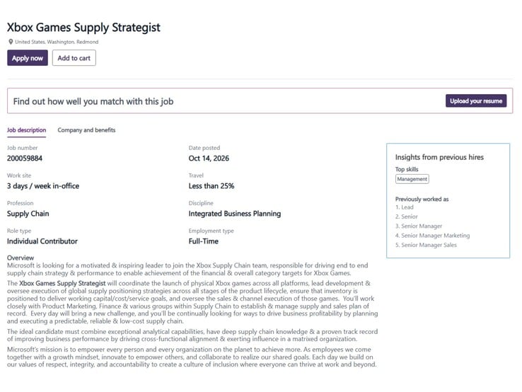 Uma captura de ecrã da secção de carreiras do site oficial da Microsoft que mostra uma vaga para Xbox Games Supply Strategist.