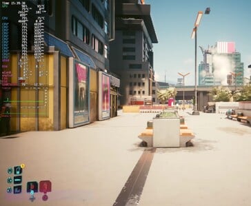Cyberpunk 2077 rodando em 1080p com configuração “Ultra” e FSR Auto ativado na Steam Machine, com uma sobreposição de desempenho na tela