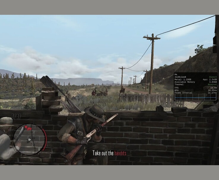 Red Dead Redemption em execução em um iPad Pro com o HUD de desempenho Metal mostrando 60 fps de saída (Fonte da imagem: MrMacRight via YouTube)