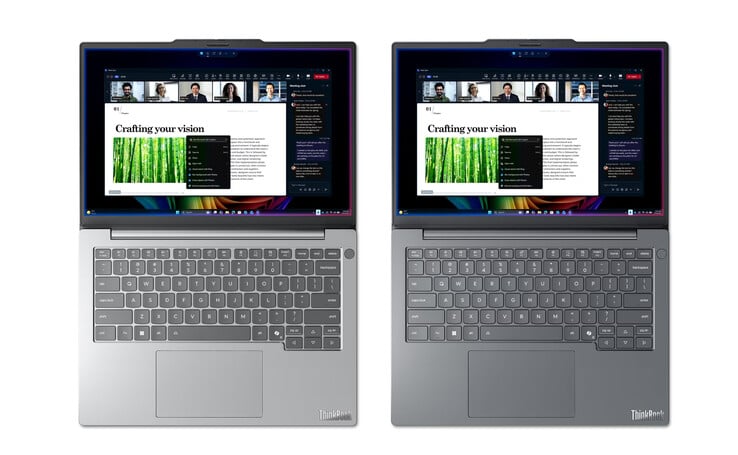 O ThinkBook 14 Gen 9 Q8Y nos acabamentos Cloud Grey e Luna Grey, da esquerda para a direita.