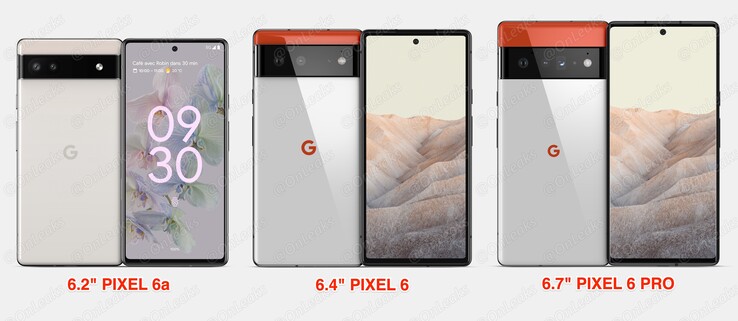 O Pixel 6a ao lado do Pixel 6 e Pixel 6 Pro. (Fonte da imagem: @OnLeaks)