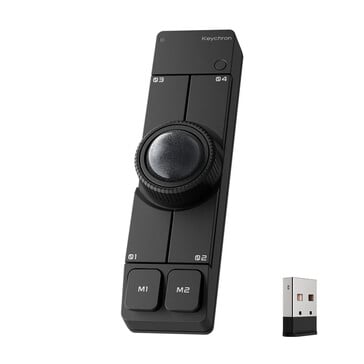 Mouse trackball sem fio Keychron Nape Pro na cor preta, acompanhado de um dongle USB Tipo A
