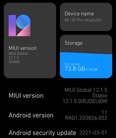 MIUI 12.1.5 sobre detalhes do Xiaomi Mi 10T Pro Atualização de abril de 2021 (Fonte: Própria)