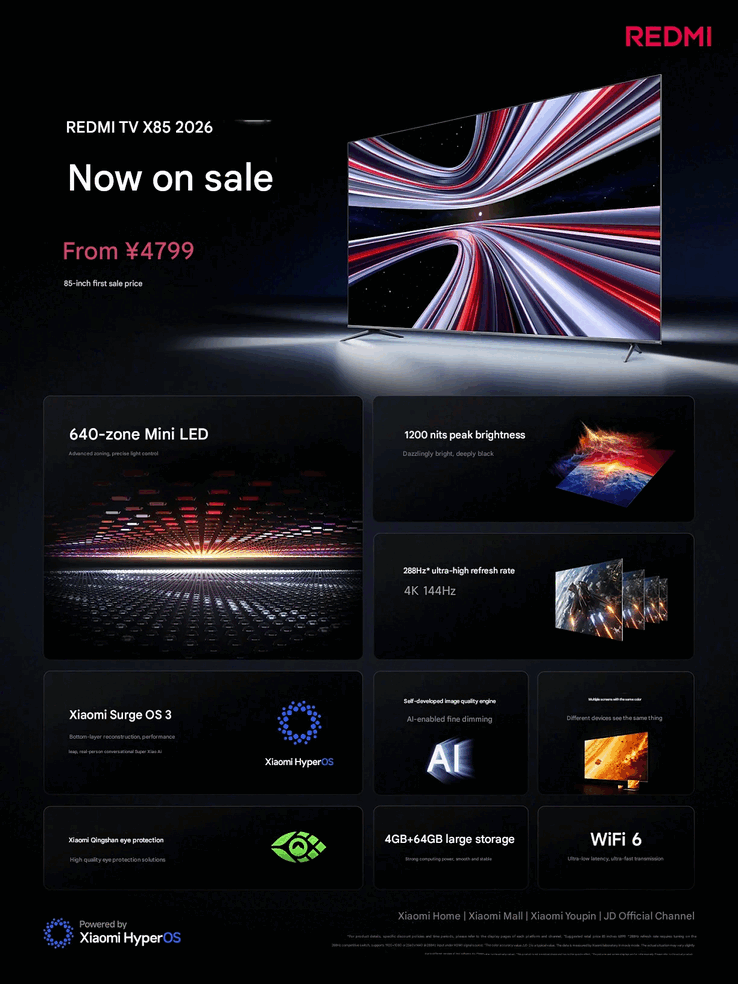 Especificações do Redmi TV X 2026 (Fonte da imagem: Xiaomi China; tradução automática)