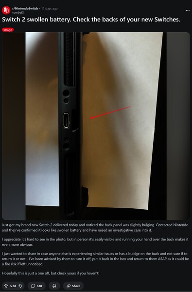 Painel traseiro protuberante do Switch 2 (Fonte da imagem: captura de tela, Nintendo Switch reddit)