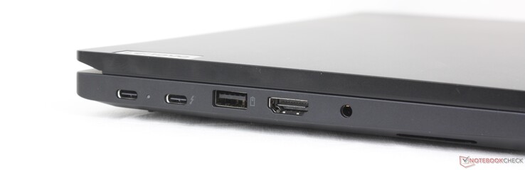 Esquerda: USB-C 3.2 Gen. 2 (20 Gbps) com Power Delivery 3.0 + DisplayPort 1.4, USB-C Thunderbolt 4 (40 Gbps) com Power Delivery 3.0 + DisplayPort 1.4, USB-A (10 Gbps), HDMI 2.1, fone de ouvido de 3,5 mm
