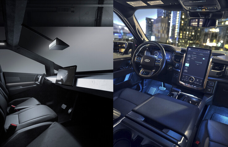 Duas abordagens diferentes para o design da cabine, apesar da base elétrica. (Fonte da imagem: Tesla/Ford)