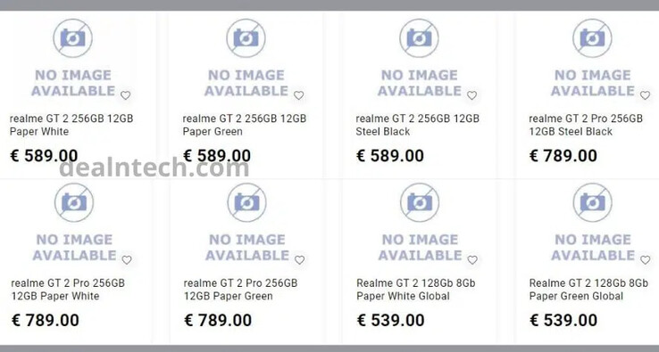 O suposto esquema de preços internacionais da Realme para a série GT2. (Fonte: DealnTech)