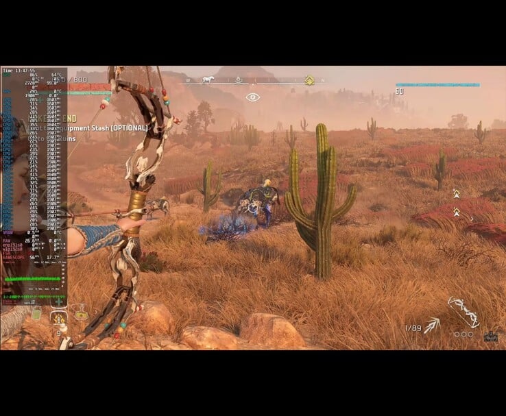 Captura de tela do jogo Horizon Zero Dawn Remastered em execução no Bazzite OS usando o Framework Desktop PC, mostrando a sobreposição de desempenho no jogo (Fonte da imagem: ETA PRIME via YouTube)