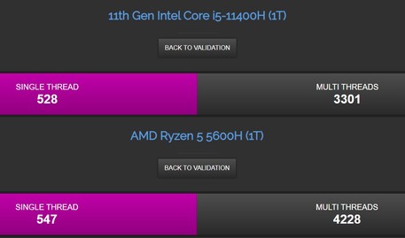 Intel Core i5-11400H vs. Ryzen 5 5600H. (Fonte de imagem: Validador CPU-Z)